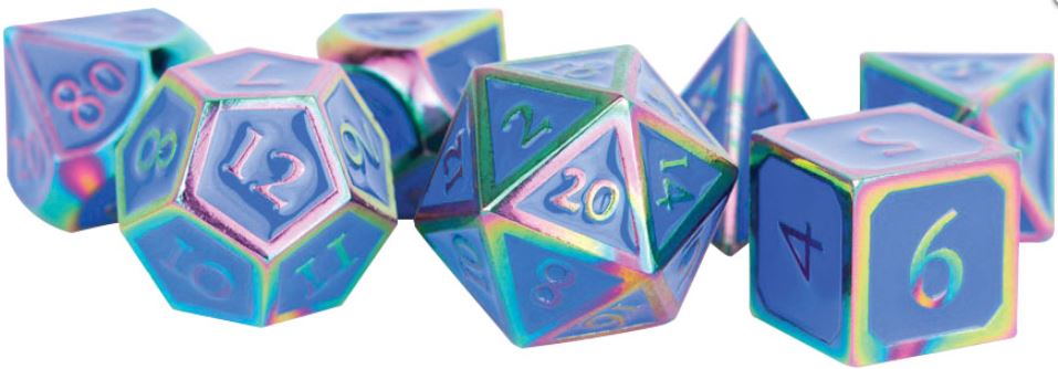 16mm Metal Polyhedral Dice Set: Rainbow with Blue Enamel